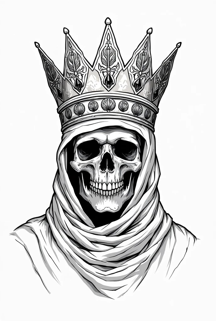 a skull wearing a crown and a scarf with a blue scarf, the king of death, skeleton king, hooded skull, king of time reaper, skull design for a rock band, style of hydro74, with a crown of skulls, queen of death, sacred skull, 3rd eye, crown of skulls, undead skeleton king, detailed vectorart, tshirt design
