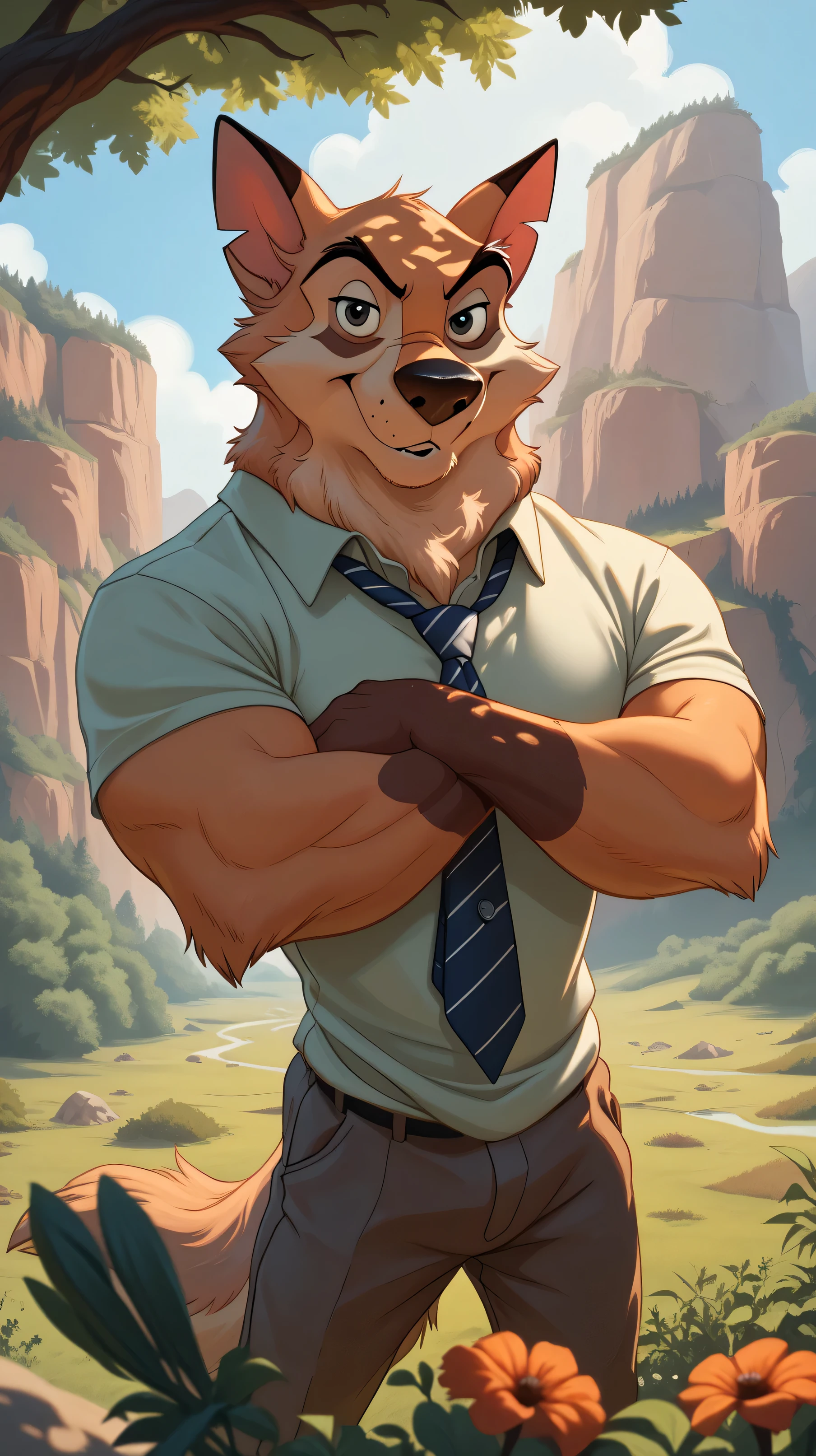 Kaltag pny, alaskan malamute, solo, detailed, detailed face, detailed eyes, anthro body, male, adult, very muscular:1.1, cartoon shading, cel shaded:1.0, flat colors, shirtless, wfa style, negger style, cartoony anatomy, above waist, looking at viewer, arms crossed, countryside background:1.1 