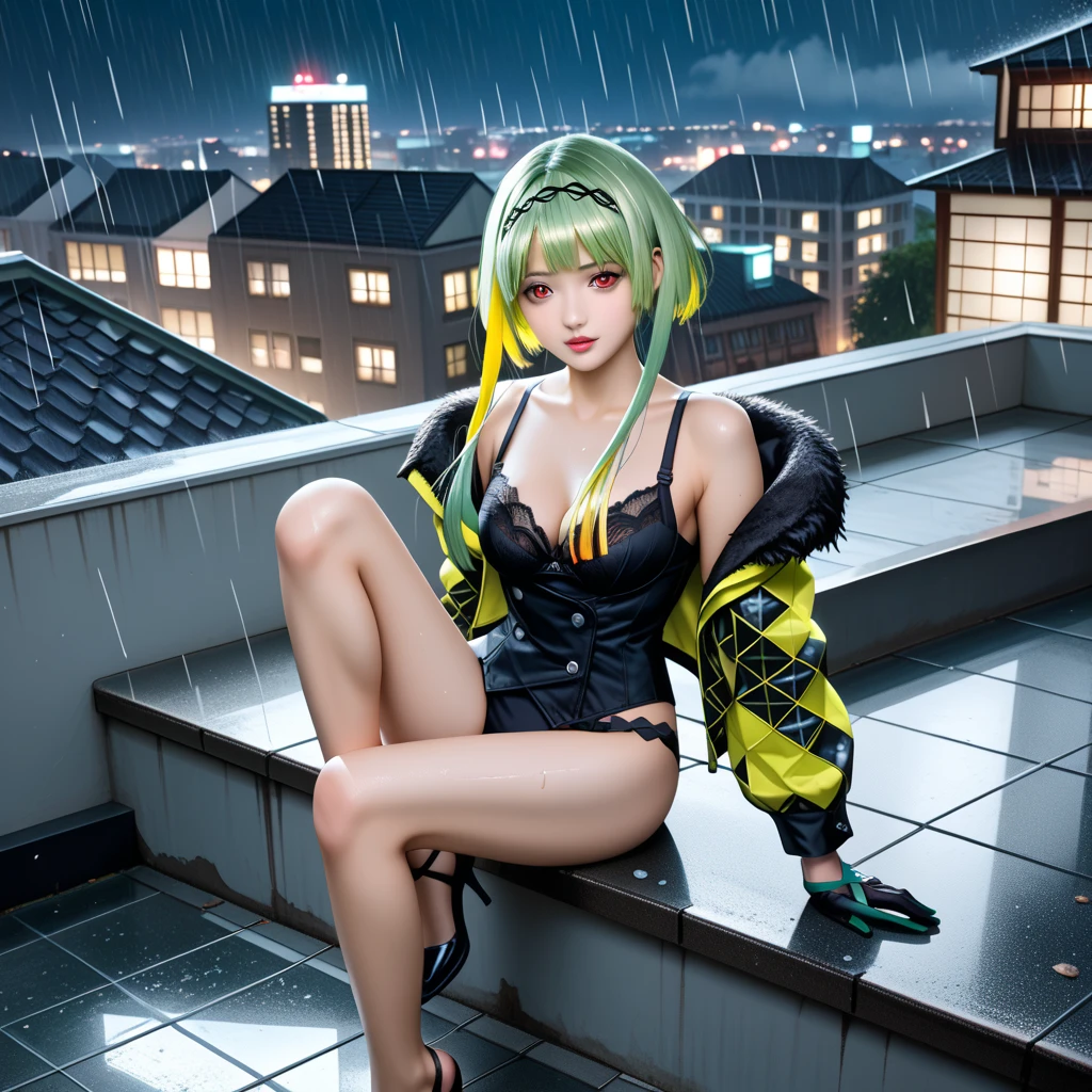 Cyberpunk Edge Runners, 1 Girl, Lucy \ (Cyberpunk \), Green Eyes, Cyber Eye, , Pale Skin, Petite Figure, (Medium Chest, Wild Girl, Small Head)), Sunlight, Sunlight, (Perfect Body: 1,1), (Young), (Short Wavy Hair: 1,2), ((Green and Black Two-Tone Hair)), (Hair with Bangs)), Collar, Full Length, Crowded Street Black latex panties, (wearing tight cropped ((green lightning pattern, black latex sports bra), (black latex panties)), (highly detailed CG 8k wallpaper), (very delicate and beautiful), (masterpiece), (best quality: 1.0), (super high definition: 1.0), gorgeous lighting, perfect flash, realistic shadows, [high resolution], detail skin, Very detailed, pale skin, barefoot,(green cat ears)