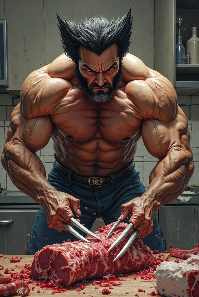 1 sexy guy with semi long wavy hair that covers half of his face with a lot of body hair he is super strong with a lot of muscle., completamente desnudo, juega al chef, revelador, sexi, aceitoso.