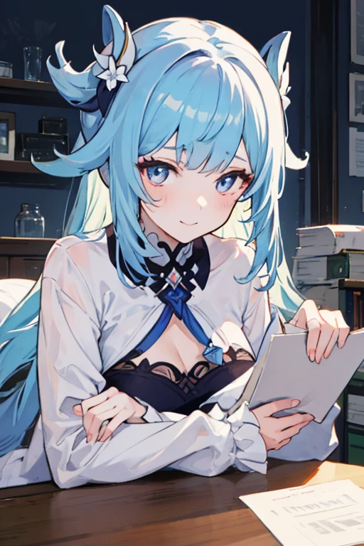 4K image of a young elf girl with light blue hair, 17 years old, large breasts, light purple eyes, short ponytail hair, left bow tie...,, wearing a white shirt with untucked short sleeves. Button, wearing a short black skirt and stockings, wearing earrings, sitting in the bedroom. With a hateful expression on his face.