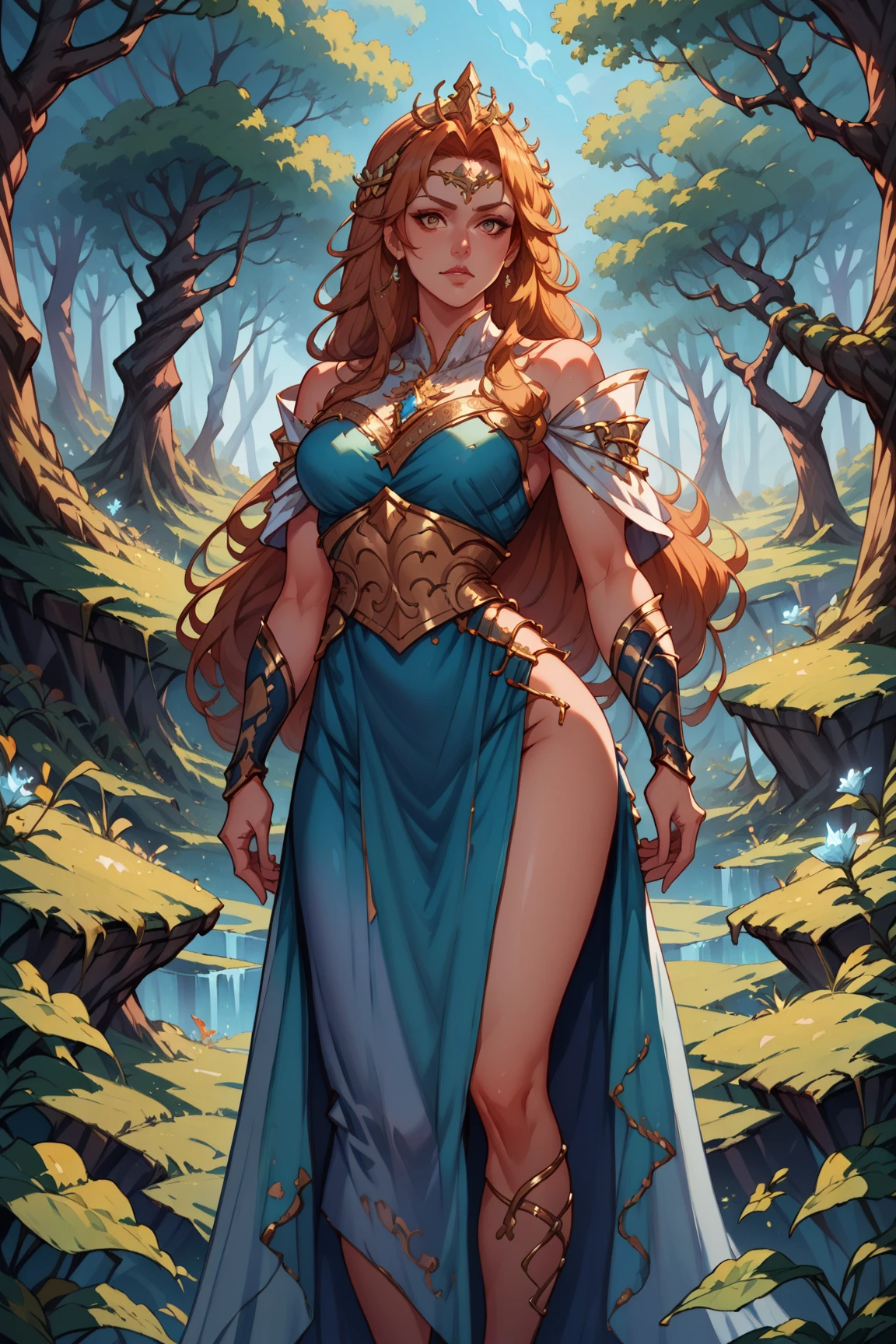 A cavewoman wearing animal skin has long red hair blue eyes and she is 3 m tall she is quite muscular and she has Big boobs and a huge ass and big thighs and a huge hip 
