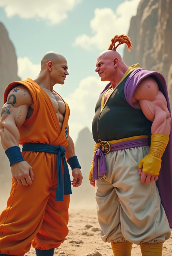 Super Saiyan bald beard muscular handsome warrior full Arabian leather outfit