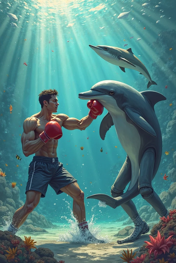 Muscular black man punching dolphin, holding dinosaur, sea background image