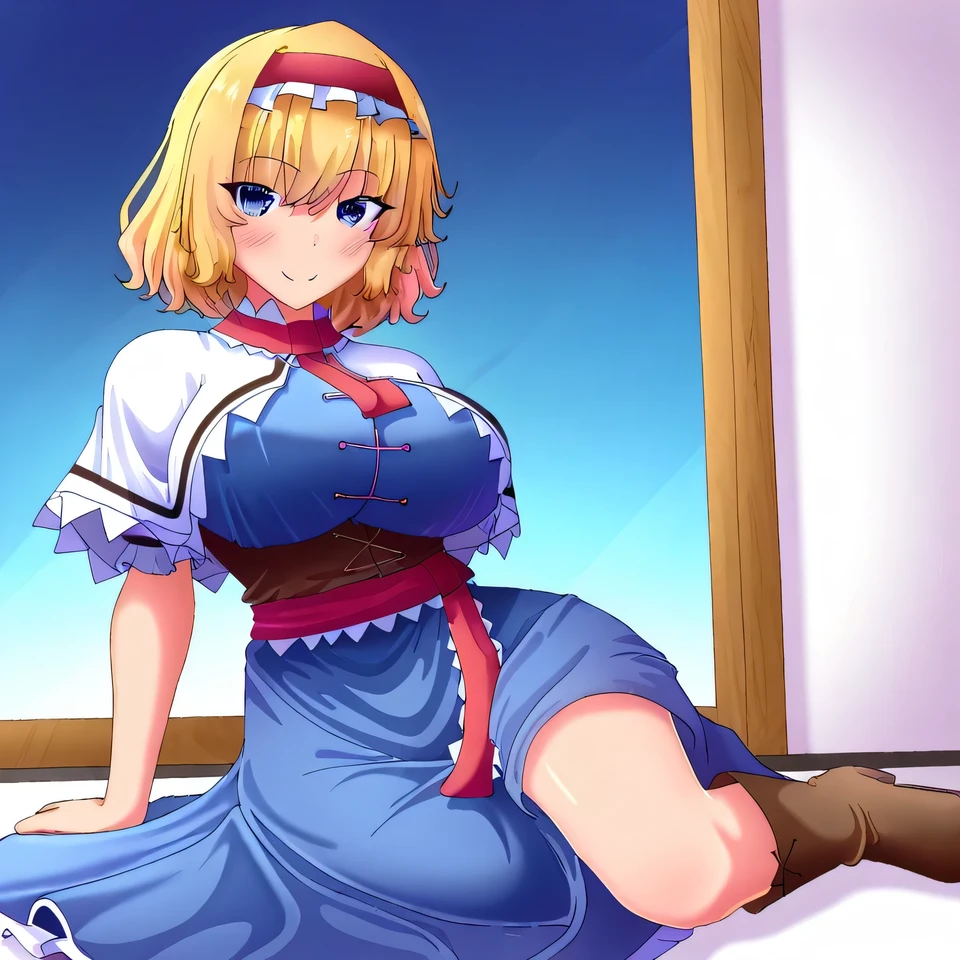 Alice_margatroid, 1girl, blonde_hair, medium_hair, smile, blunt_bangs, curly_hair, huge_breasts, blue_dress, long_dress, white_capelet, red_bow, red_sash, underbust, brown_corset, wide_hips, hairband, red_hairband, masterpiece, best_quality, intricate_details, absurdres, full_body, brown_boots, yokozuwari, sitting, artist_fusu_(a95101221)