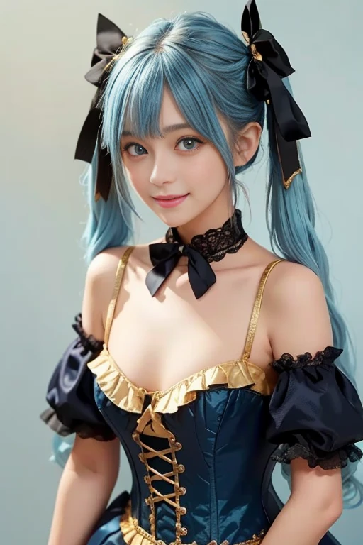 highly detailed, 8k, masterpiece, 1girl, Blue frilled_hair_tubes, dress, bend_over , smirk, (perfect_face), sitting, desk, ornate, intricate, dramatic lighting, 4k, detailed_background, caustics, full_body, (hyperrealistic:1.3), bloom,(beautiful lighting:1.3), caustics, dynamic lighting, beautiful lighting,  