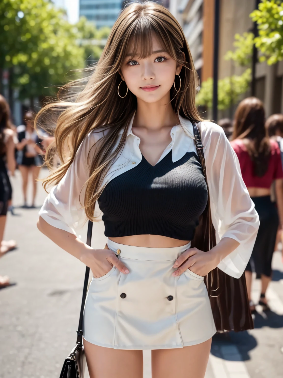 ((Realistic lighting、top-quality、8K、tmasterpiece:1.3))、Clear focus:1.2、1girl in、perfect figure beautiful woman:1.4、Slim abs:1.1、full bodyesbian、((Dark brown hair、:1.3))、(Acceleration:1.4)、(outside of house、natta:1.1)、street、Slender face、Narrow eyes、二重まぶた、long whitr hair、Swaying hair、Exposed cleavage、Comb your hair with both hands、Floating hair、vests、Ultra mini skirt、a necklace、Fashionab、