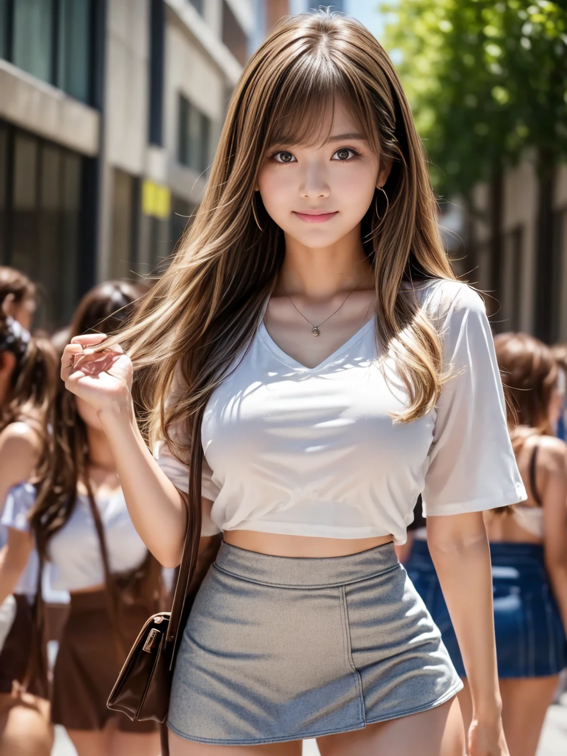 ((Highest image quality、8k、masterpiece:1.3))、full body shot、1 photo、Clear focus:1.2、Beautiful woman with outstanding style:1.4、slender abs:1.2、((brown hair、big breasts:1.2))、I can see her cleavage and sideboob:1.1、(Street at night:1.1)、Highly detailed face and skin texture、detailed eyes、double eyelid、tight clothes、skinny body、transparent clothes、Pin Heel Boots、smile、The side of the bust is exposed、exposing the abdomen、cropped body t-shirt、Hip-huggers、Hip Bone、Super micro mini pleated skirt