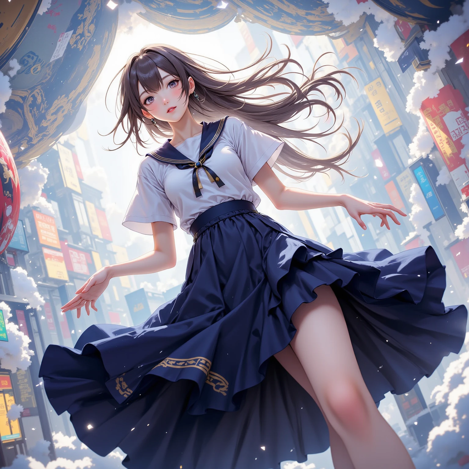 Illustration,, extremely detailed CG unity 8k wallpaper, UHD, retina, masterpiece, accurate, anatomically correct, super detail, high details, high quality, award winning, best quality, highres, good anatomy, 1080P, HD, 4K, 8k, 16k, 1girl, dynamic pose, androgynous, detailed eyes, detailed clothes, detailed hair, rendering, strands of hair, cute waifu, outside, at a beach, sand, water, cinematic lighting, dynamic style, stylized anime style, smiling,(long black hair, bangs, long locks, purple eyes),((wearing a sailor uniform, micro pleated skirt, bare legs, wearing a yellow jacket, collar bone showing)), collar bone showing, official art, young women, beautiful scenary, extreme detail, water reflection, mezmering, happy