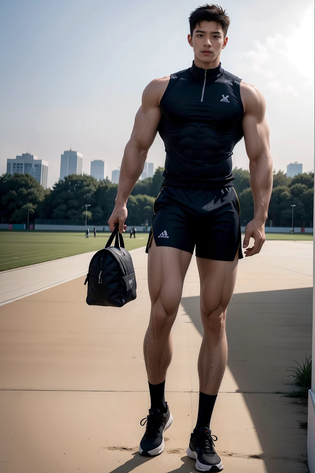 masterpiece,best quality,Look up at the characters,Stay away from the camera, (An 18-year-old boy with extraordinary development:1.2), (A tall and muscular giant body),(Kneeling upright on the campus lawn),Black and white tight-fitting cycling suit,(Broad and straight shoulders),Muscular shoulders,(Extremely strong body),Muscular body,Fitness,Perfect body proportions,Inverted triangle figure,Biceps,Highlight muscle texture, Muscular body,Slender and toned legs,Small head,small face,Handsome and cute face,Perfectly detailed facial features,Looking at the camera,A serious and angry expression,leaning back,head tilt, happy, very short hair, brown hair,(looking at viewer:1.2),Vision