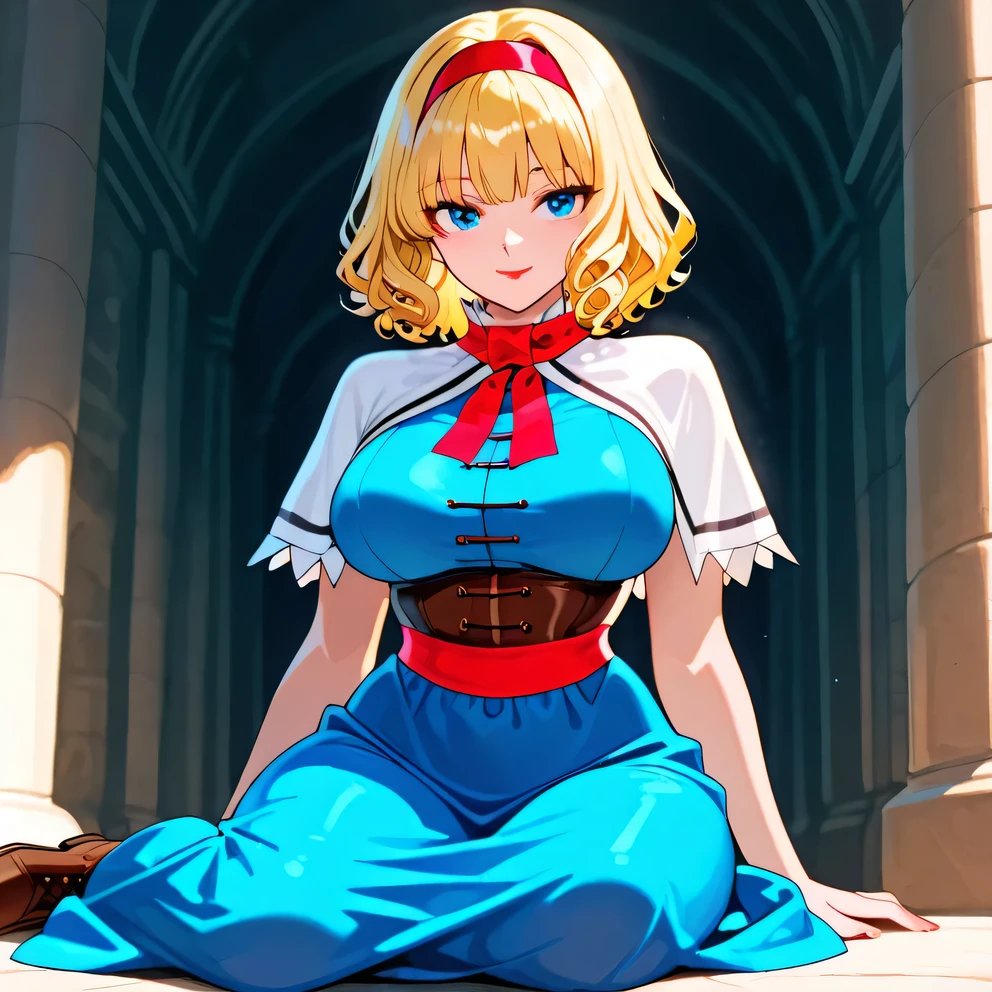 Alice_margatroid, 1girl, blonde_hair, medium_hair, smile, red_lips, blunt_bangs, curly_hair, large_breasts, blue_dress, long_dress, white_capelet, red_bow, red_sash, underbust, brown_corset, wide_hips, hairband, red_hairband, masterpiece, best_quality, intricate_details, absurdres, full_body, brown_boots, yokozuwari, sitting