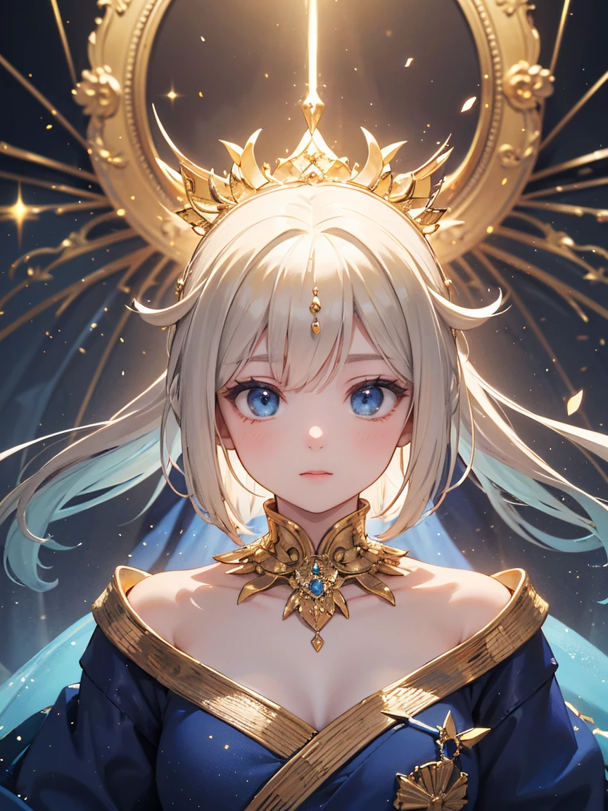 fine art, Blue and Gold, Atmospheric Effects, Outstanding High Quality in Details, 光沢のあるis gold, Precise Optics, Gorgeous colors, delicate touch at the royal court, fantastic scene, magical atmosphere, mystical aura, Precise 3D Rendering, realistic, realisticな絵画, blue, is gold