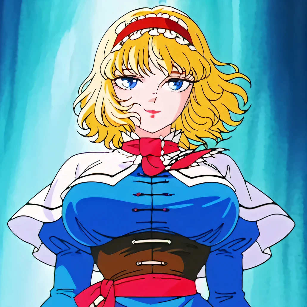 Alice_margatroid, 1girl, blonde_hair, medium_hair, smile, blue_eyes, red_lips, blunt_bangs, curly_hair, large_breasts, blue_dress, long_dress, white_capelet, red_bow, red_sash, underbust, brown_corset, wide_hips, hairband, red_hairband, masterpiece, best_quality, intricate_details, absurdres, portrait, beautiful_detailed_eyes, artist_araki_shingo
