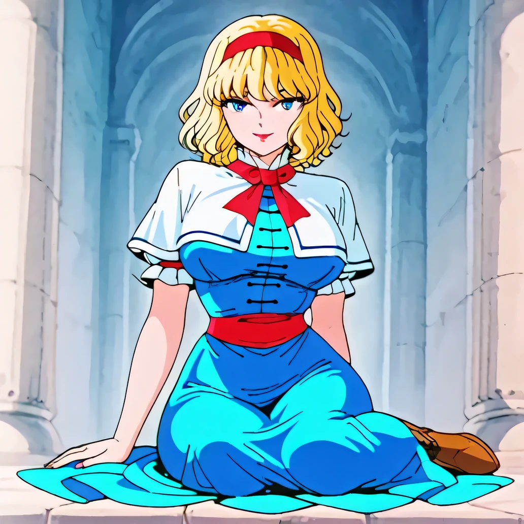 Alice_margatroid, 1girl, blonde_hair, medium_hair, smile, red_lips, blunt_bangs, curly_hair, large_breasts, blue_dress, long_dress, white_capelet, red_bow, red_sash, underbust, brown_corset, wide_hips, hairband, red_hairband, masterpiece, best_quality, intricate_details, absurdres, full_body, brown_boots, yokozuwari, sitting, artist_araki_shingo