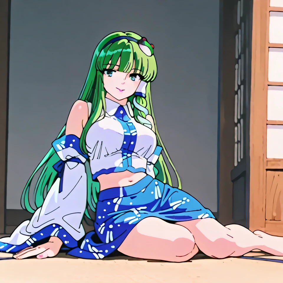Kochiya_sanae, 1girl, green_hair, long_hair, smile, pink_lips, blunt_bangs, frog_hair_ornament, snake_hair_ornament, detached_sleeves, collared_shirt, sleeveless_shirt, bare_shoulders, midriff, navel, barefoot, blue_skirt, large_breasts, wide_hips, hairband, masterpiece, best_quality, intricate_details, absurdres, full_body, yokozuwari, sitting