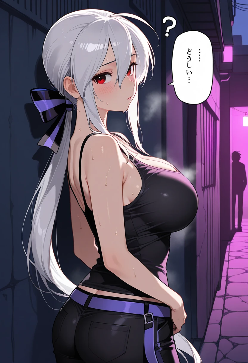 goth_punk, 1girl in, 独奏,、top-quality, Photorealistic, An ultra-fine illustrations, beautiful attractive anime girl, elizabeth Liones, hmeliza, 1girl, hair over one eye, jewelry, single thighhigh, ((red leather tank top)), Busty:1.2, no bra, black leather skirt, asymmetrical legwear, pink shirt, black thighhighs, belt, miniskirt, a photo of girl, Full body shot, Beautiful blue eyes, Turned, colina con flores background,