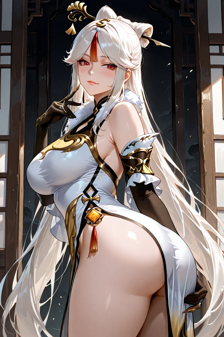 Best quality, 8k, night, galaxy, full moon, masterpiece, A woman, white hair, gold eyes, white cheongsam, white skin, open dress, looking down, no panties, hard nipples, kneeling, spread legs, side braids, pleasant face , red face, shot from below