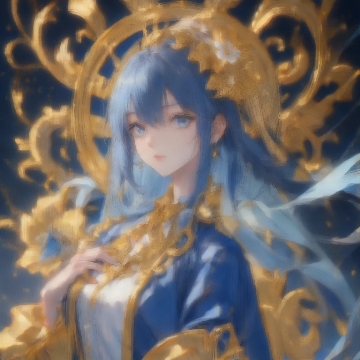 Adult woman, navy blue hair, The ends of gray hair, hairlong, beautiful hairstyle, hair ornament, white eyes, Chinese Clothing, Ornaments, Rings, Heels, Ancient Chinese themes, looking a viewer, Happy smile, overhead view, Lies on the money, gold coins, A mountain of money, Fantasy art, Beautiful painting of characters, Works of art in the style of Guvaika, epic exquisite character art, stunning character art, Beautiful rich Woman, perspective, really happy, closed eye, overhead view(reference sheet:1.5)
