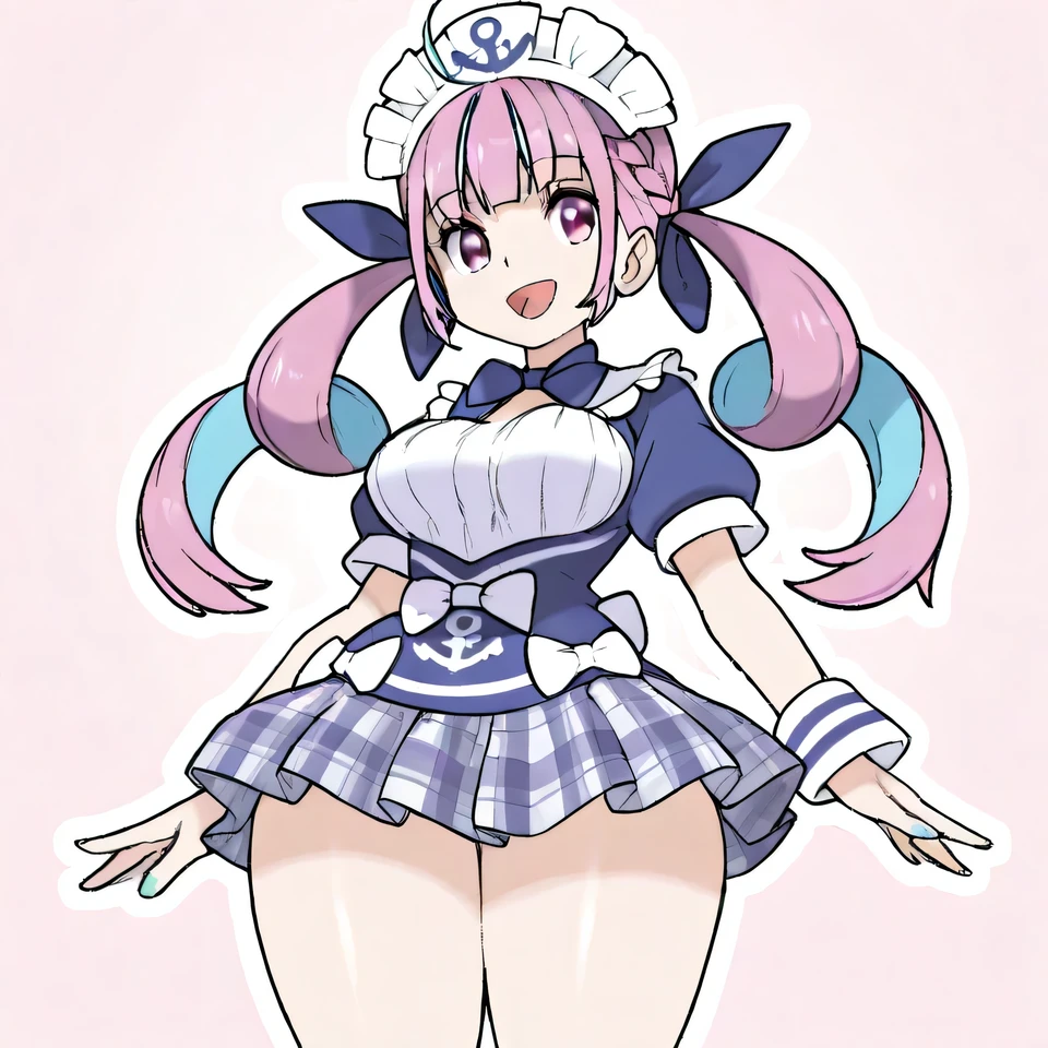 Minato_aqua, 1girl, twintails, smile, miniskirt, plaid_skirt, large_breasts, maid, wide_hips, thighs, thick_thighs, open_mouth, masterpiece, best_quality, intricate_details, absurdres, beautiful_detailed_eyes, artist_sugimori_ken