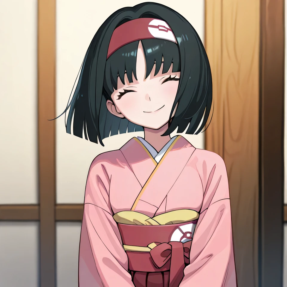 Erika_(pokemon), 1girl, happy, , small, medium_hair, blunt_bangs, blunt_ends, red_ hairband, black_hair, smile, pink_kimono, Obi, red_Hakama, sash, masterpiece, best_quality, intricate_details, absurdres