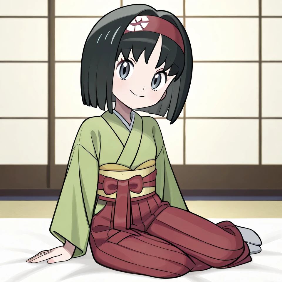 Erika_(pokemon), 1girl, happy, , small, medium_hair, blunt_bangs, grey_eyes, grey_eyes, blunt_ends, red_ hairband, black_hair, smile, green_kimono, Obi, red_Hakama, sash, masterpiece, best_quality, intricate_details, absurdres, full_body, tabi, Yokozuwari, sitting, Artist_mangamaster