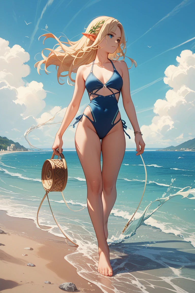 1 boy, solo, 1 boy, solo, solo, masterpiece, best quality, 18 years old, link, elf, tan skin, long blonde hair, blue eyes, eye shadow, lipstick, beach, transparent sundress,