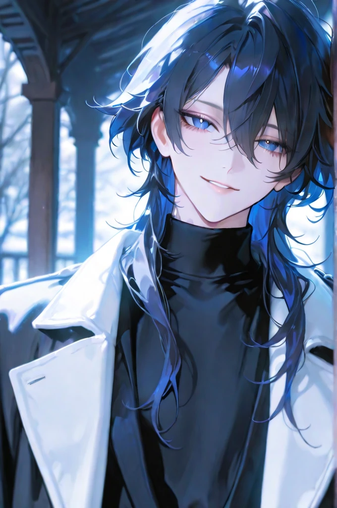 masterpiece, 1 man, handsome, face, Both eyes of the same size,  Well-balanced and firm body ,  A sharp and nimble male character. Dark navy blue eyes,  A cold yet mysterious atmosphere, Eyes that have a deep, dark blue color depending on the light.  dark black hair,  A soft navy sheen when touched by light, Natural length hair that covers the ears, The bangs cover one eye slightly.  A naturally disheveled style normally,   Sharp and distinct facial features,  deep and sharp eyes ,  thin lips, A calm smile. natural skin tone, black shirt and black coat, Cinematic lighting, detailed description, Calm and dark atmosphere, Looking back at the viewer
