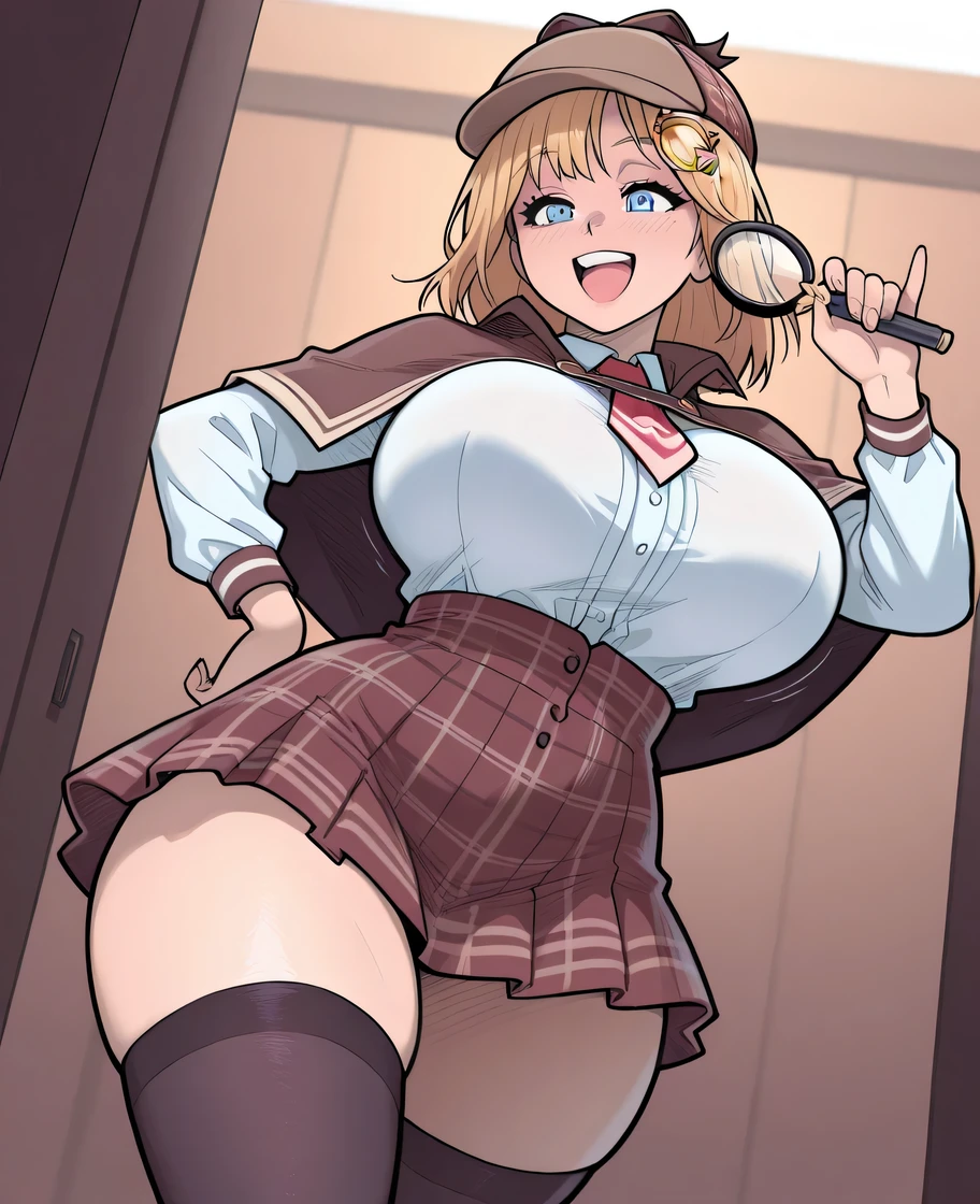 Watson_amelia, 1girl, blue_eyes, blonde_hair, happy, medium_hair, smile, miniskirt, plaid_skirt, huge_breasts, hat, wide_hips, thighs, thick_thighs, open_mouth, detective, white_shirt, masterpiece, best_quality, intricate_details, absurdres, beautiful_detailed_eyes, red_necktie, brown_capelet, holding_magnifying_glass, zettai_ryouiki, black_thighhighs, artist_melkor_mancin