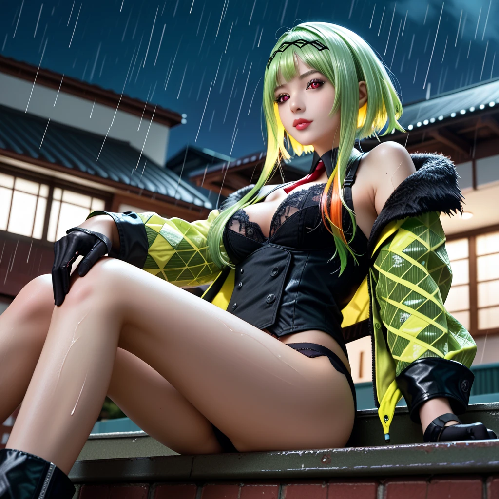 anime、最high quality, high quality, 8K、High resolution,Highest quality、solo、A calm and mature woman with long yellow-green hair and yellow eyes.、The background of vibrant overseas markets、Thighs、Miniskirt、tall、Long limbs、solo、Laughing with mouth open、anime