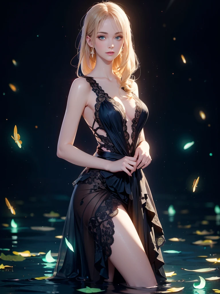 breathtaking 1girl, standing on shallow water, dark moonless sky background, dress hems floating gently on the surface of the water, glowing body, in dark, neon lamp gemshadow celestial maiden robe , masterpiece, award-winning, professional, highly detailed,
