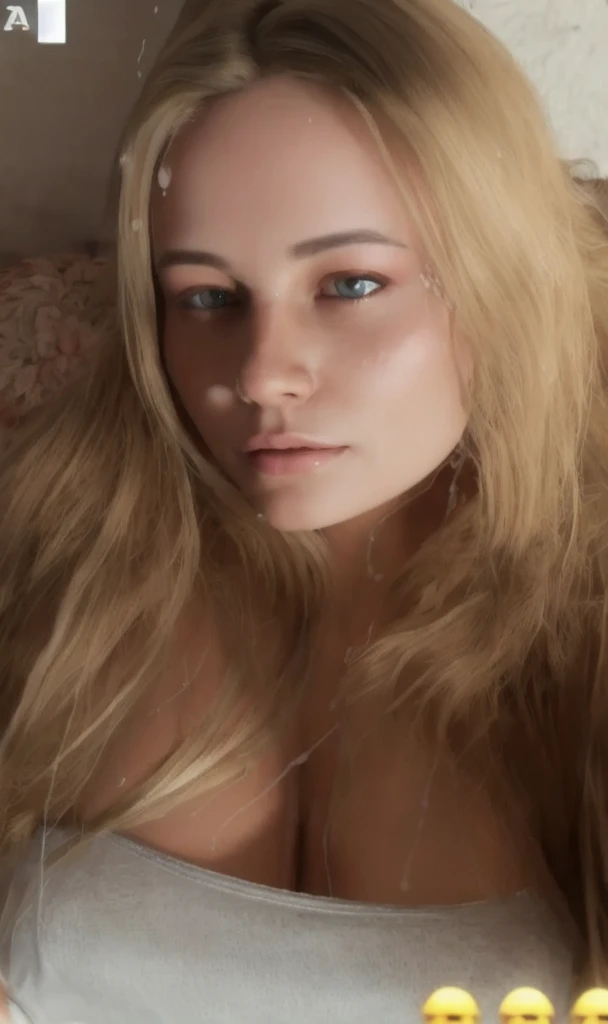 Photo for Instagram profile, super realistic, green eyes, long hair, blonde woman, large and pronounced bust, with sensual pajamas , Great cleavage, the nipples are noticeable, whole body, lying on the couch