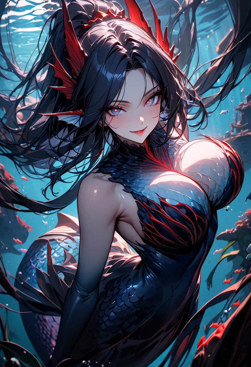 oriental woman with white skin, long black hair, and predominantly red tones. She is depicted with half of her body submerged in water, where she transforms into a mermaid (both the water and the mermaid body are entirely red). Additionally, she is holding a sword beneath the water.