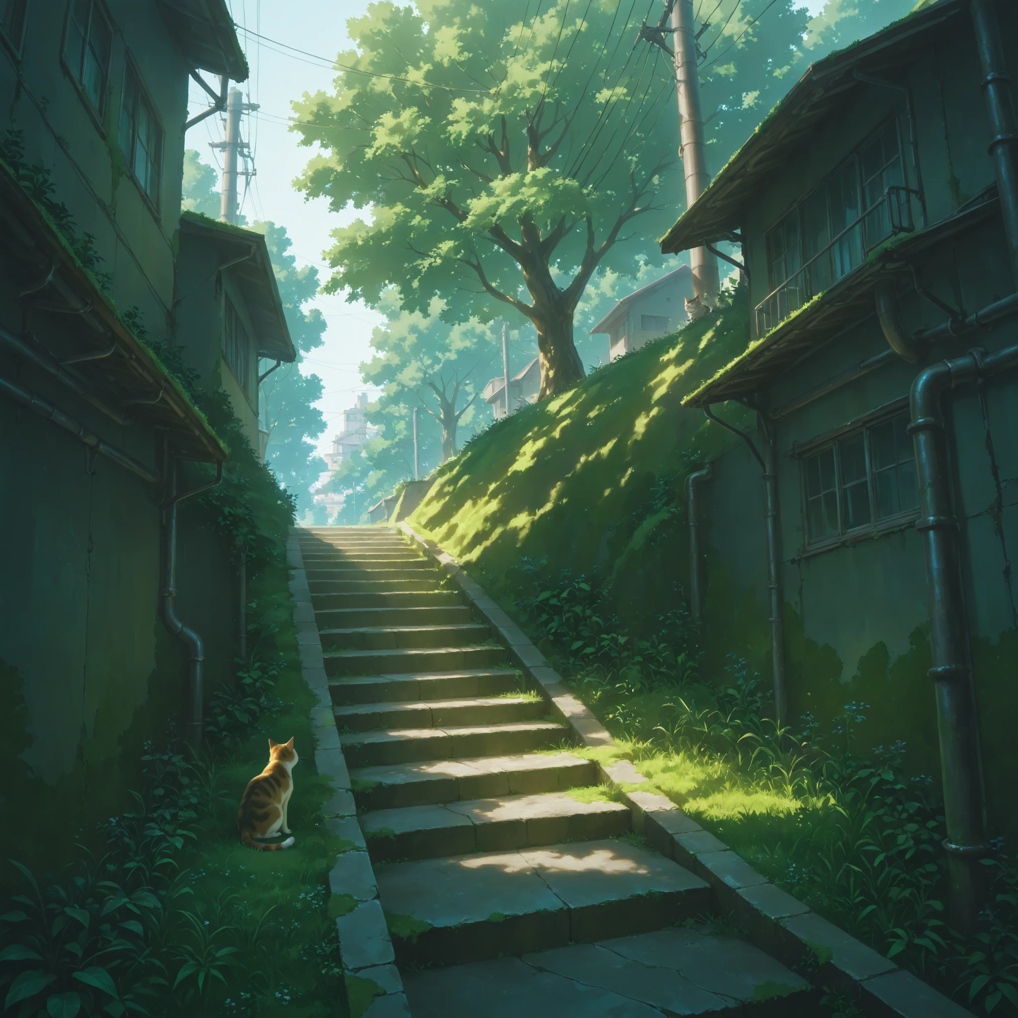 masterpiece, best quality, good quality, PEAnimeBG, Background, anime, scenery, safe, building, day, grass, industrial pipe, moss, outdoors, path, power lines, stairs, tree, cat