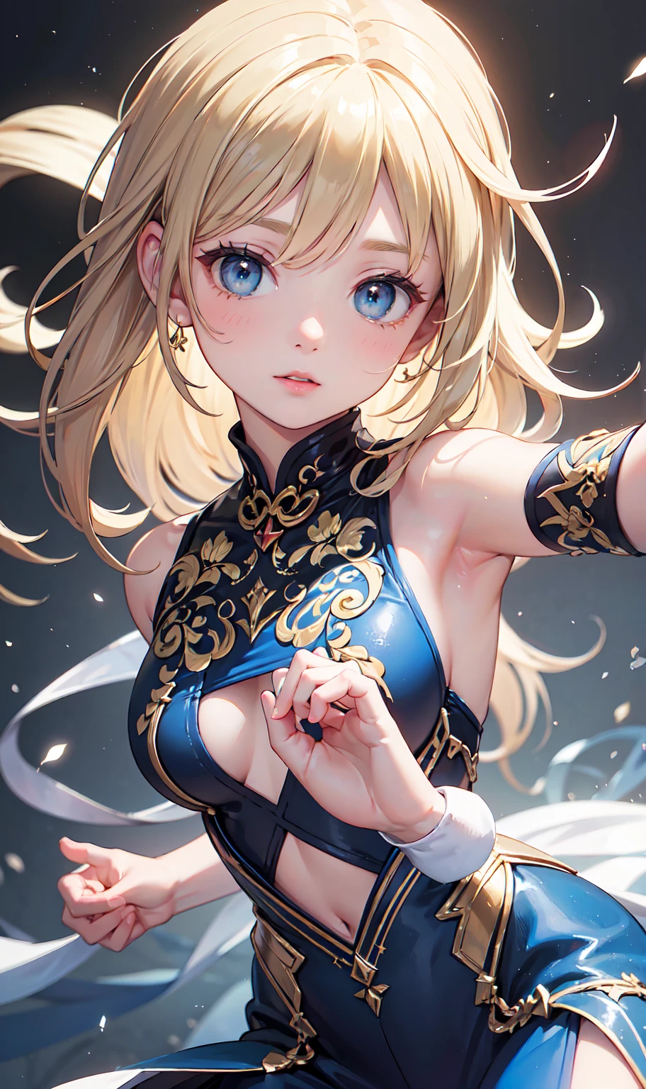 top-quality、Top image quality、​masterpiece、girl with((18year old、Best Bust、big bast,Beautiful blue eyes、Breasts wide open, Blonde ponytail、A slender,Large valleys、Black jersey、Sleeveless、Hachimaki、Red, black and blue face paint、sexypose、Seduction poses)),hiquality、Beautiful Art、Background with((omatsuri、Yellow paint、red paint、Blue paint、heart doodle)))、,masutepiece、visualart、depth of fields、
