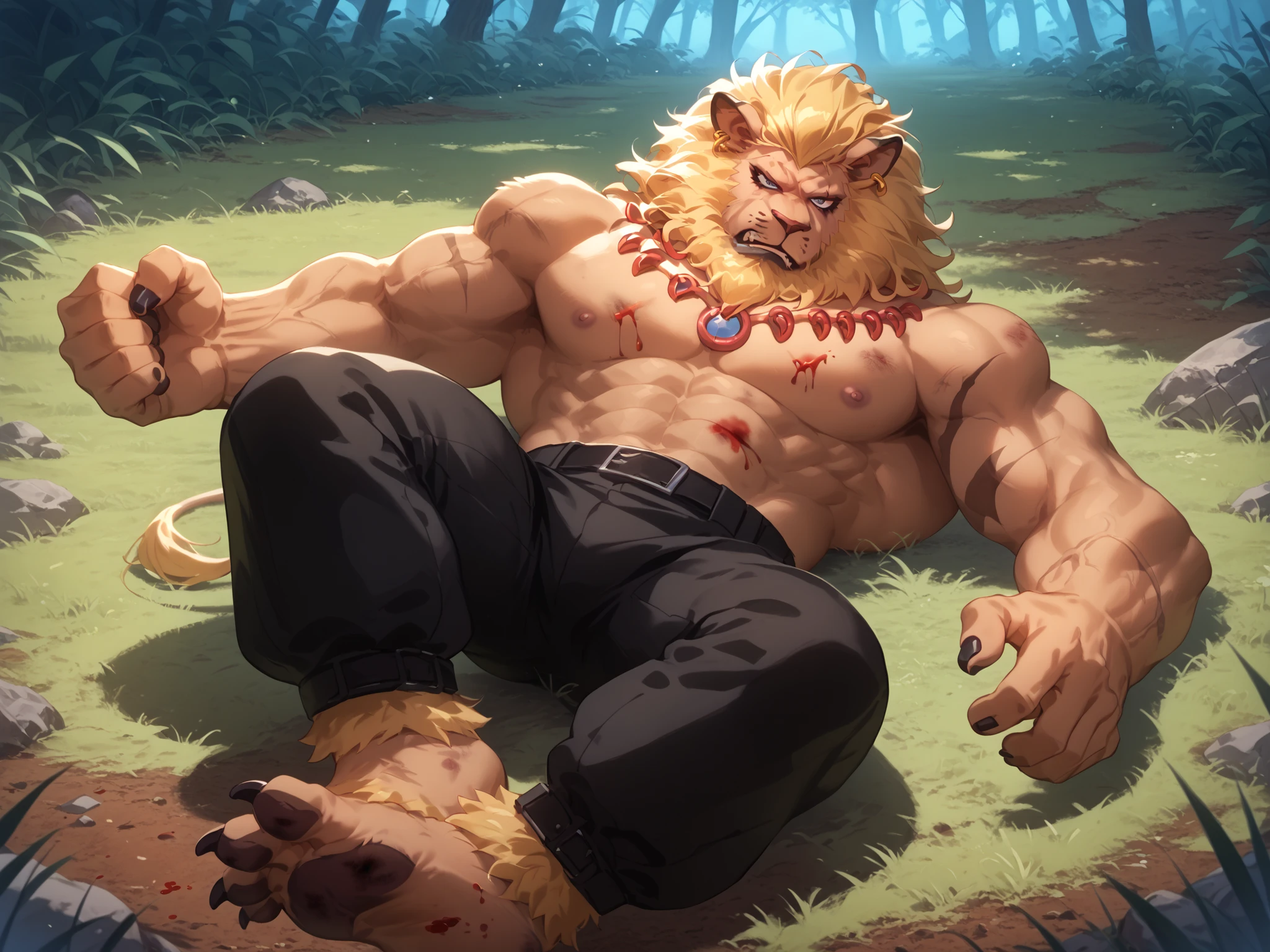 score_9, score_8_up, score_7_up, score_6_up, 1 Boy, Alone, front, Lion, necklace, fight, Furry ankles, black nails, black paw, Black Pants, necklace, Bodybuilding, (visible bruises), cut on the abdomen, blood, Thick, Strong, Keep your chest up, forest background, grass, the character is tired, lying on the ground without strength