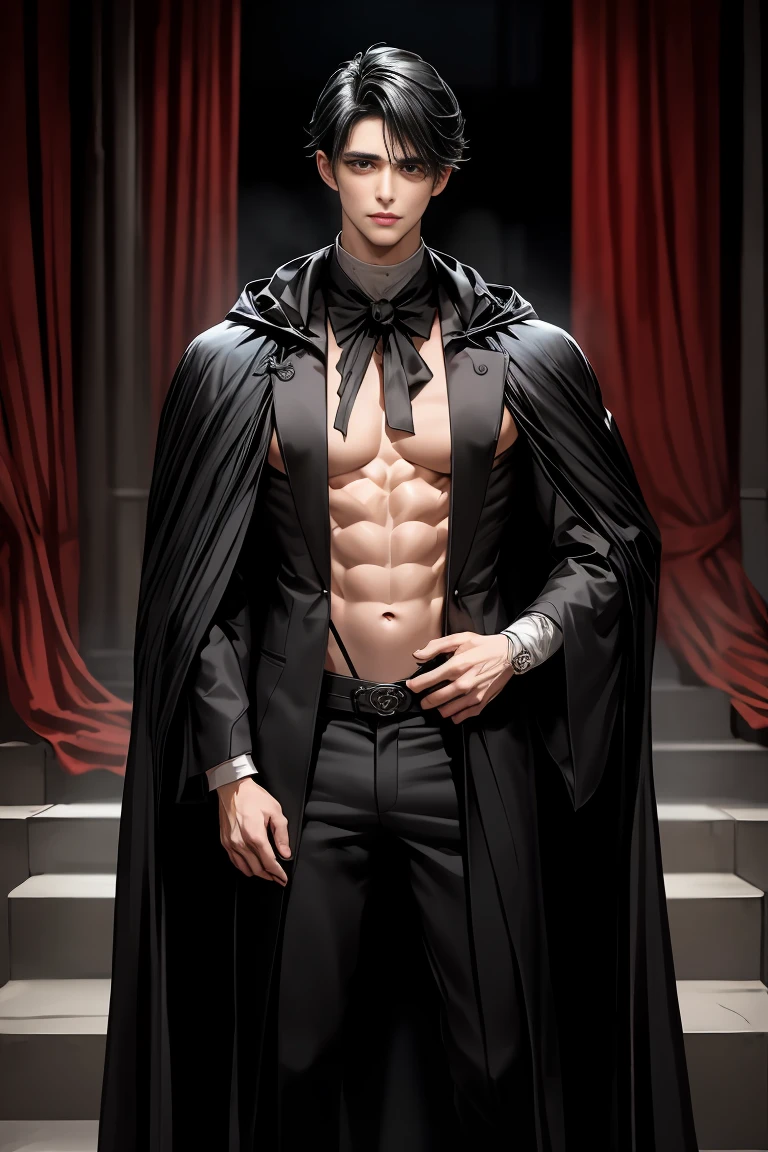 She is wearing a sexy, voluminous black and red cape on her naked body.、Beautiful gay man、Drowning in pleasure、Messy black hair、Disarrayed Cloak、The face of pain in a mess of pleasure