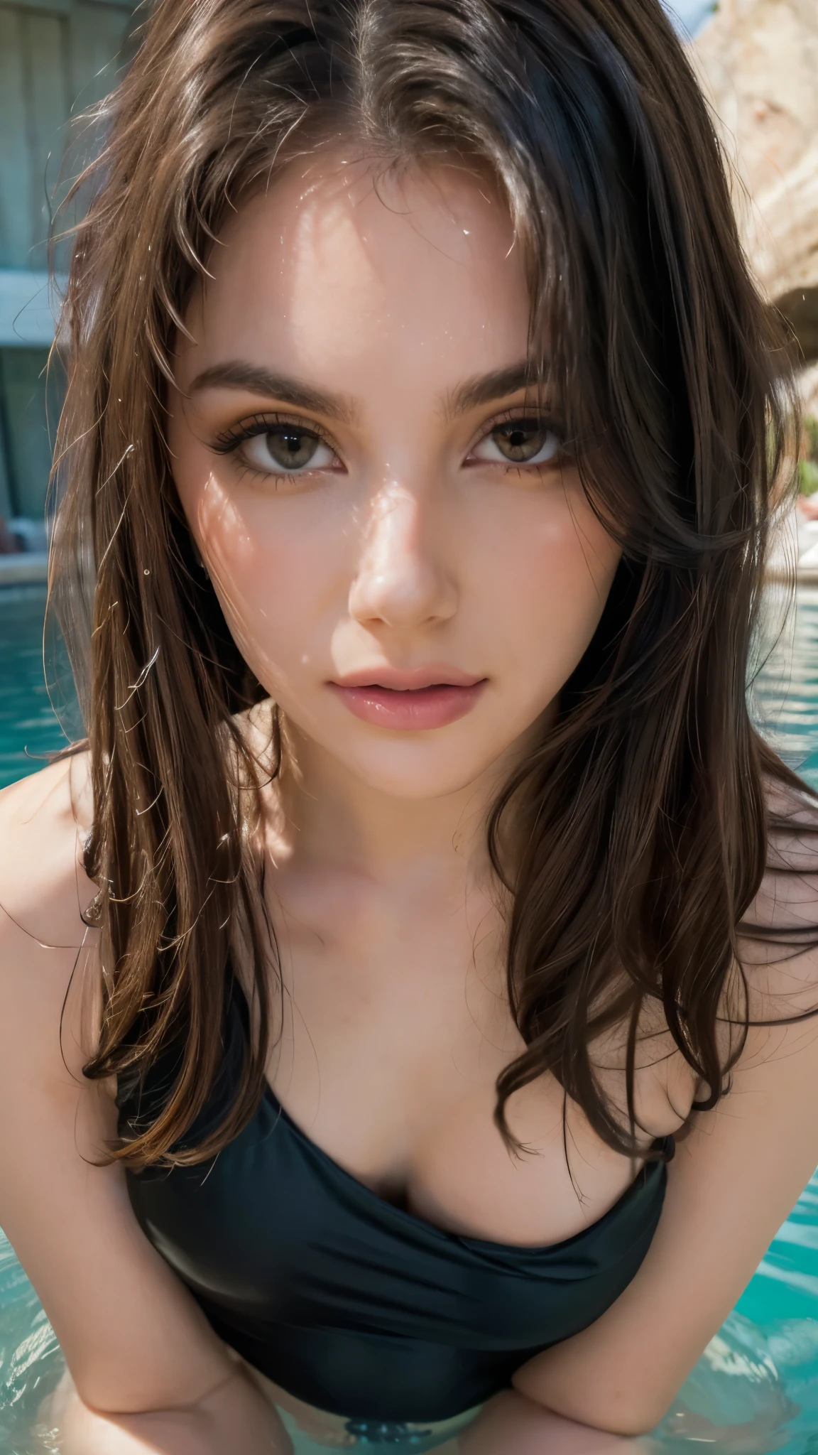 (masterpiece:1.2, best quality:1.2, extremely delicate:1.2), a beautiful woman with long shiny hair, choppy bangs, delicate face, passionate gaze, perfect smille, blush, seductive expression, tall and fit figure, perfect body, perfect skin, seductive pose, sexy Sling swimsuit, exposes her waist, the color scheme is primarily Black with Blue accents, (soaked, lying in the water), this character embodies a finely crafted sexy beauty, exquisite and mature art style, goddess, feminine, exquisite photography, depth of field, bokeh, photorealistic, even and soft lighting on face, dramatic, high definition, highres, ultra detailed, professional photo, perfect body proportions, anatomically correct, symmetrical face, extremely detailed eyes and face, perfect eyes, high quality eyes, creativity, RAW photo, UHD, 32k, portrait lighting, Natural light, cinematic lighting, (masterpiece-anatomy-perfect:1.2)
