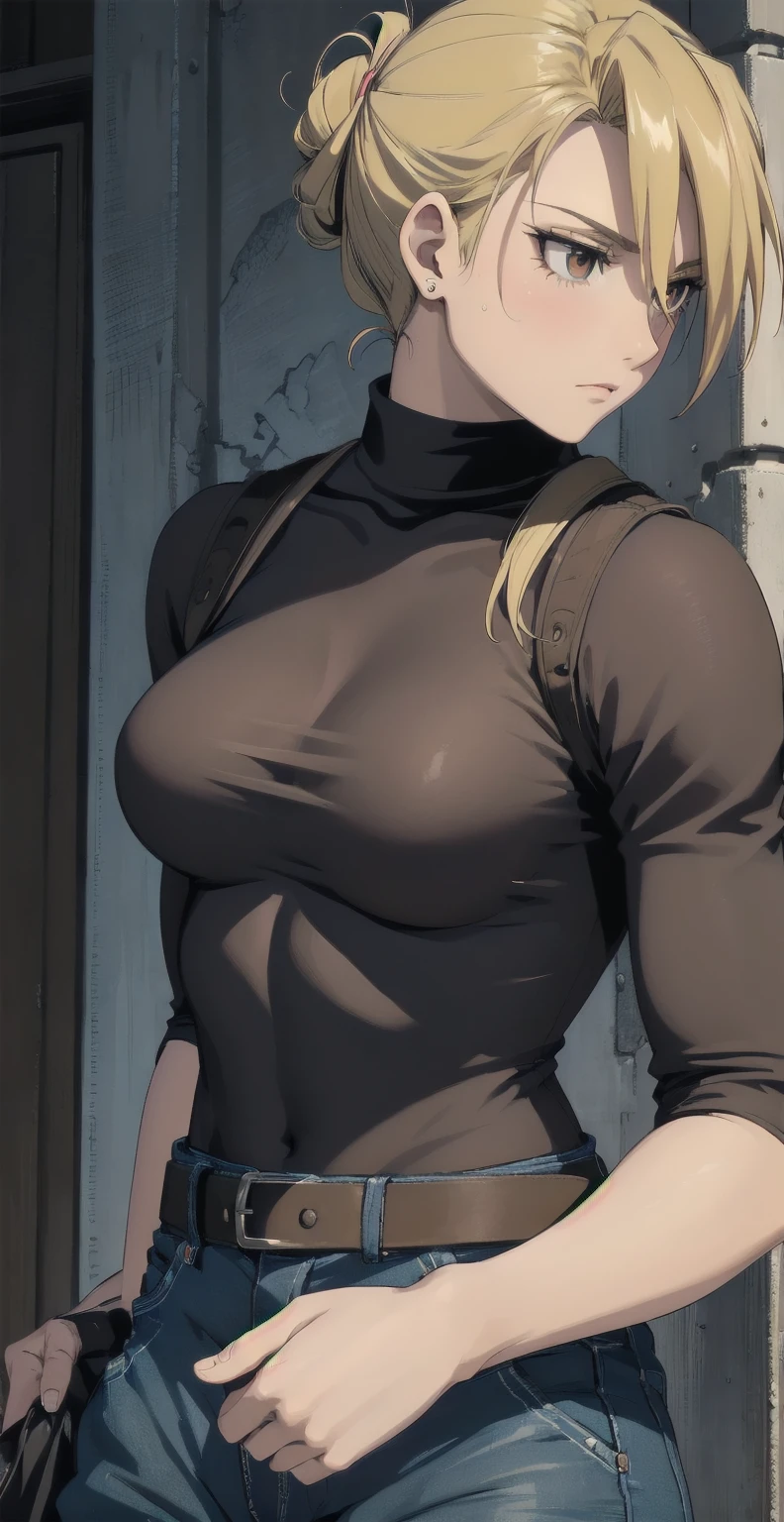 masterpiece, Highest quality, High resolution, 1 Girl, Hamriz, ponytail, Brown eyes,big , Black Shirt, Tight shirt, holster, Short sleeve, belt, Covered navel, Blue pants,Inside the room、Upper body close-up、Muscular body、blush、Sweat、Composition from the front、anime、Hide your arms behind your back、(((Torn clothes、Nipples、Her breasts are completely visible)))