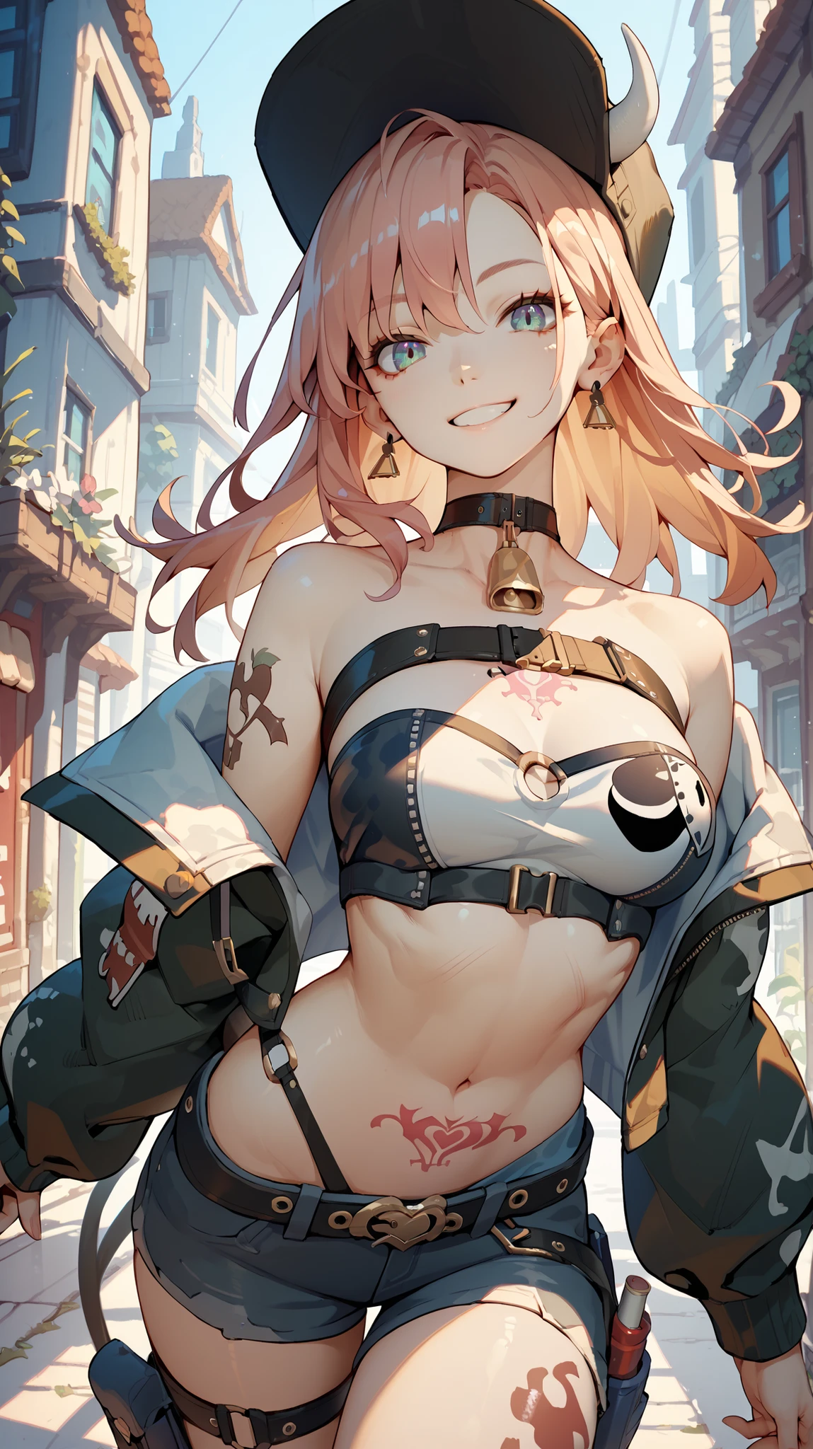 female, strapless bikini, crop top jacket, ten gallon hat, smile, holster, Bull tattoo,