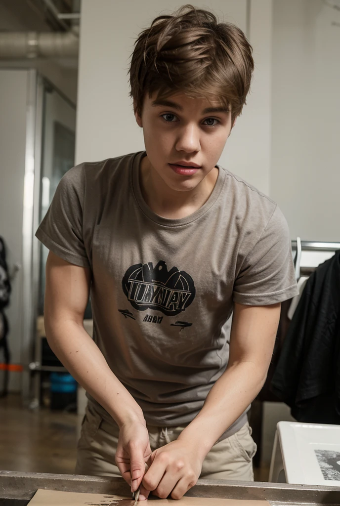 A photo of a handsome 6 year old caucasian little boy; Peter Parker, kid, brown hair, blue eyes, slim, wearing a black t-shirt with. (PS5 style)