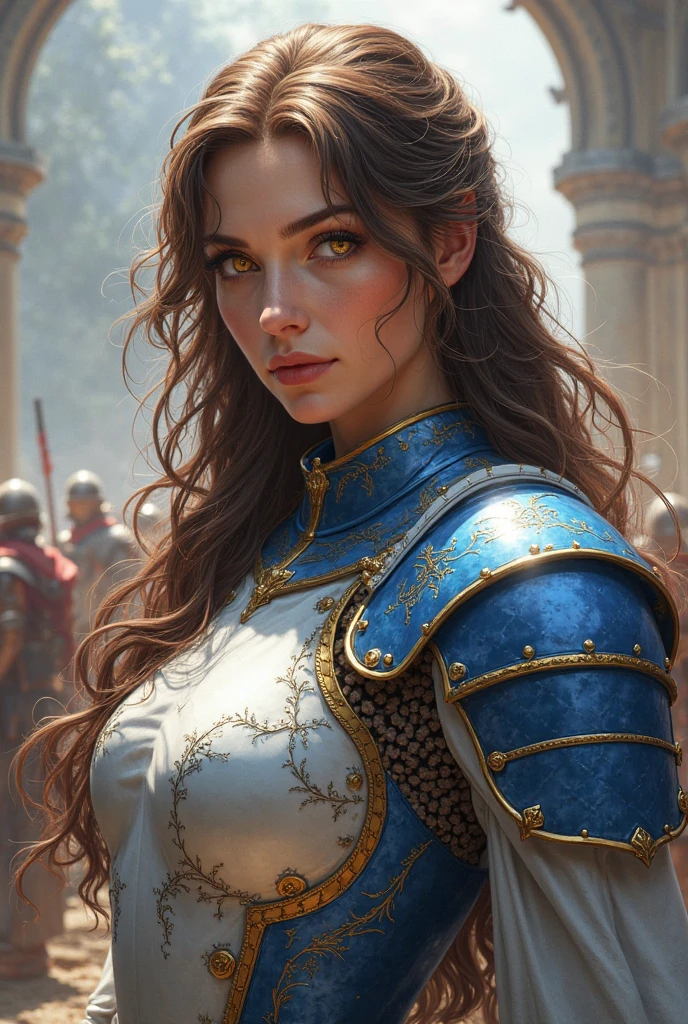 She is a female knight chief, has brown hair, bright gold eyes, straight hair, and wears a blue and white suit