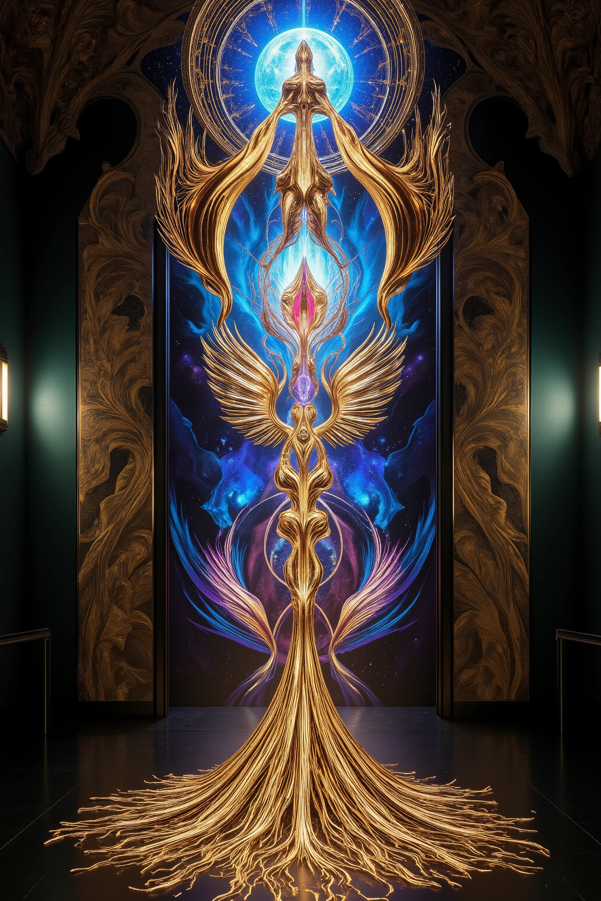 ultra detailed, absolutely resolution, masterpiece, twist blue gold limited ascension, conceptual installation art, cubist art