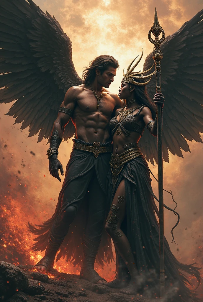 Generates a book cover of a winged man with a sword wound on his right arm next to a woman with long curly hair.
