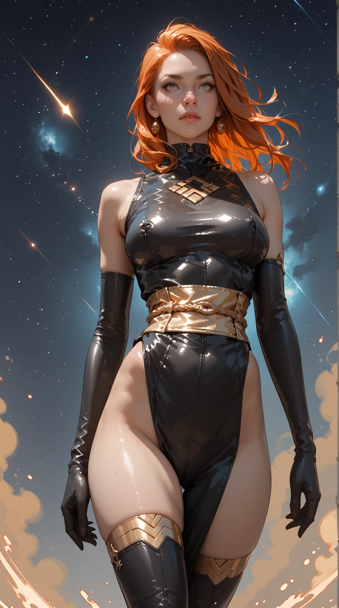 JeanGrey, black and gold bodysuit, elbow gloves, thigh highs, sash, levitating in dark space