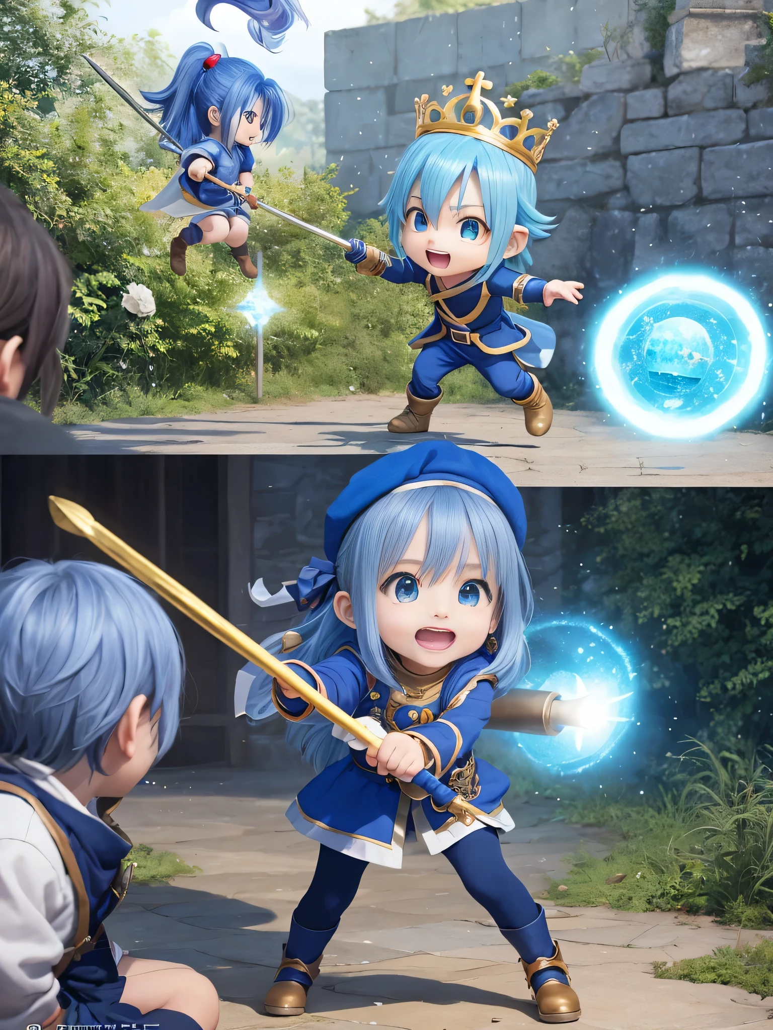 (best quality)、masterpiece、 realistic、 Great Highlights、 Dragon Quest III 、、Crown of Enlightenment 、 Blue Gold Clothes、(sage)、Blue Gold Hair 、 Long Layered Bob、 cute、Laughter 、 blue shiny cosplay、 Chibi Characters、Magic Wand、Battle Scene 、 Cast Blue Gold Ice Spells 、 Acrobatic Angle、