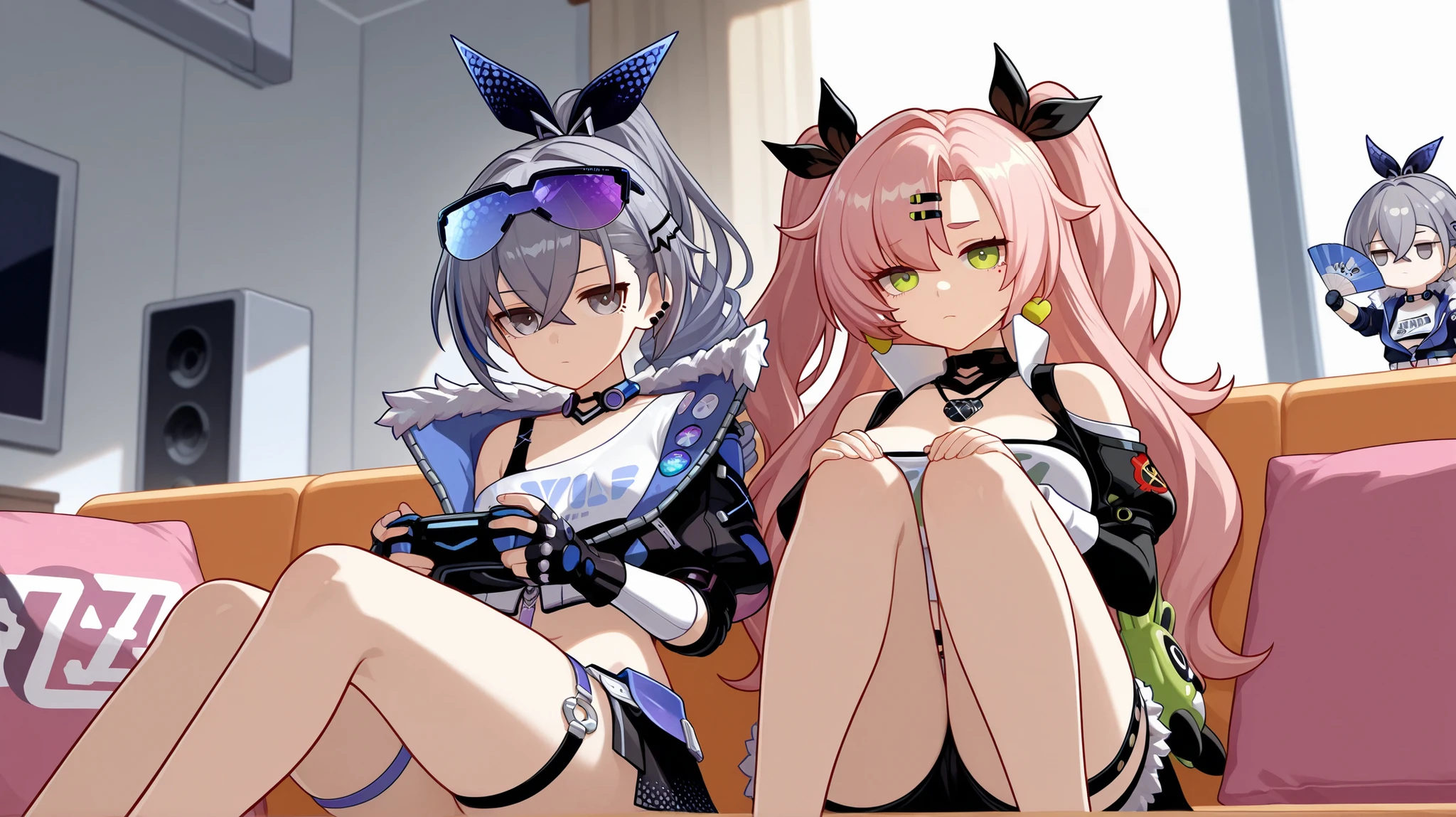 masterpiece, best quality, ultra-detailed, extremely detailed,illustration, 1girl, nicole demara, hair ribbon, hairclip, earrings, black collar, tube top, single thighhigh, short shorts, cropped jacket, belt, thigh strap, detached sleeves, doll, sitting, (legs crossed:1.3), (crossed legs:1.3), cowboy shot, night street, moon, (2heads:1.5)