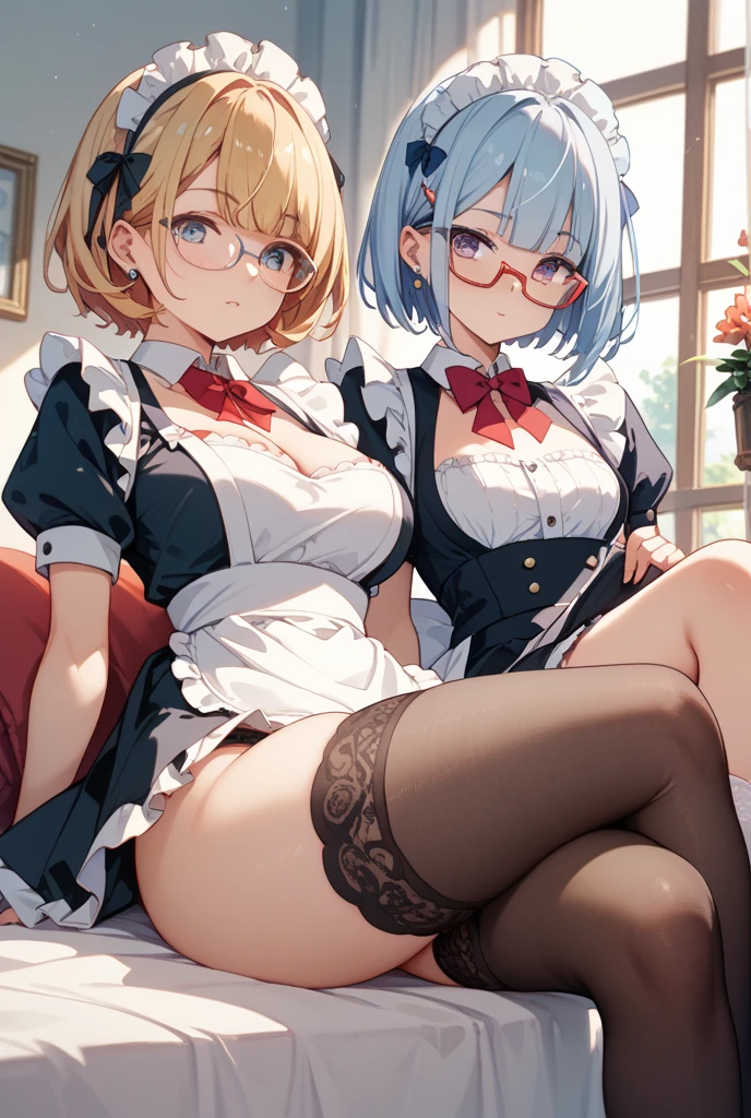 Slim woman wearing glasses、Show your underwear、Sheer lace underwear、Long maid outfit、Mami Tomoe、smile、Bedroom、Are standing