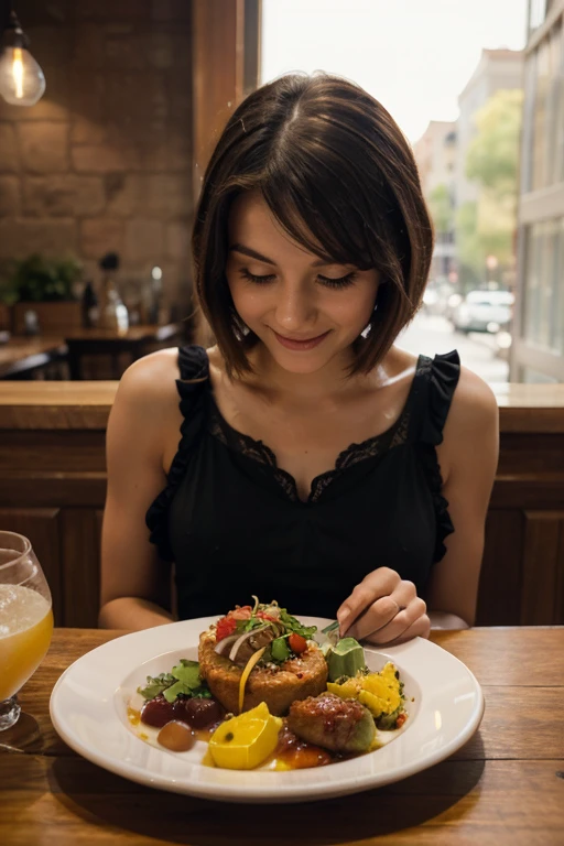 grain de film, filtre vintage, Texture de la peau, photo oF a woman with beautiFul wavy hair ,F/1.8, dans un restaurant entrain de manger une salade, ne regarde pas la caméra, soir
