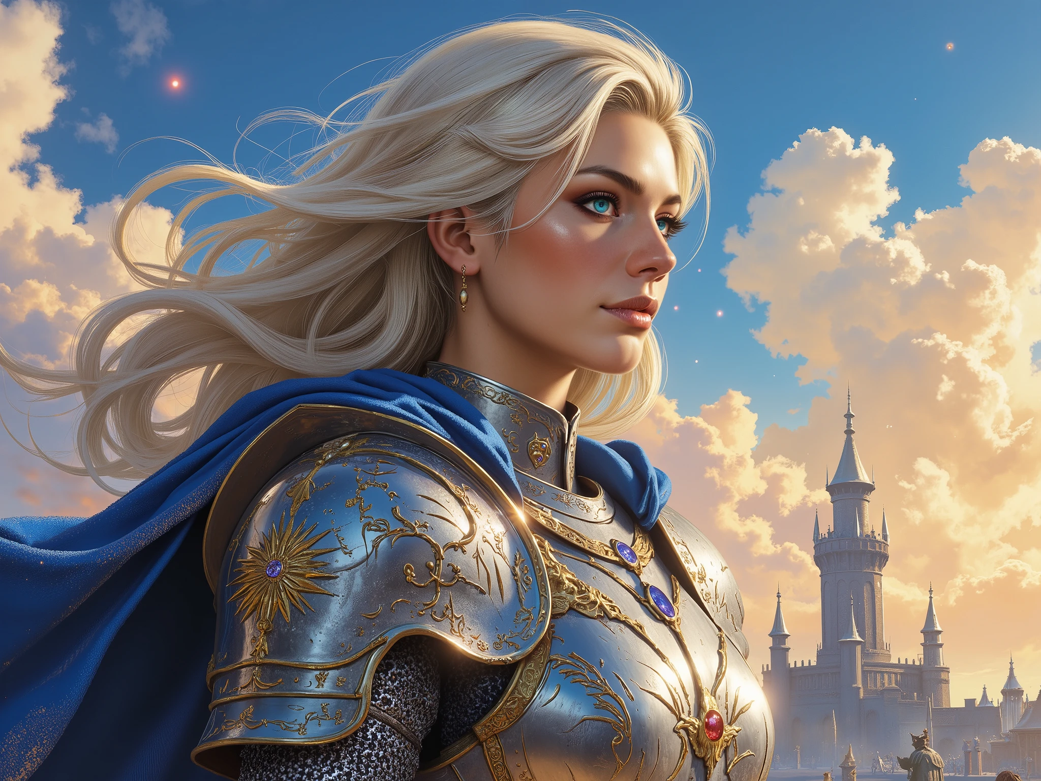 Masterpiece, ultra-detailed digital painting of a heroic female knight (age:25-30), Caucasian, in profile view gazing into the distance with a determined yet serene expression (expression:1.4). She wears ornate plate armor with:
Gold opulence: intricate filigree, embossed sun motifs, and gleaming pauldrons (gold:1.5).
Azure elegance: sapphire-blue enamel plating, gemstone inlays, and a flowing royal blue cape with gold-threaded embroidery (dynamic cloth simulation:1.3).
Physical Details:
Hair: Long, platinum blonde strands (hyper-detailed hair flow:1.4), windswept.
Eyes: Luminous cerulean blue (sparkle effect:1.3).
Skin: Porcelain pale with soft blush (subsurface scattering:1.3), faint freckles.
Scene & Lighting:
Background: Vibrant gradient sky (azure to cobalt) with voluminous clouds (atmospheric depth:1.3).
Light: Golden-hour sunlight (ray-traced reflections:1.4) casting warm glows on armor and cool highlights on the cape.
Composition & Style:
Dynamic low-angle shot (epic scale:1.3), armor radiating metallic luster (PBR materials:1.5).
Hybrid style: Photorealistic 8K textures (Unreal Engine 5-level detail) blended with anime-inspired elegance (e.g., Fire Emblem, Yoshitaka Amano).
Enhancements for Sea Art Algorithm:
Color Dominance: "Sapphire and gold symphony", "azure dominance", "regal gold accents".
Technical Terms: "Micro-detailing on armor engravings", "HDR volumetric lighting".
Trending Tags: #CelestialKnight, #GoldAndBlueEpic, #AIAwardWinner*.
Resolution & Quality: 8K UHD, anti-aliased, sharp focus on face/armor, trending on ArtStation.