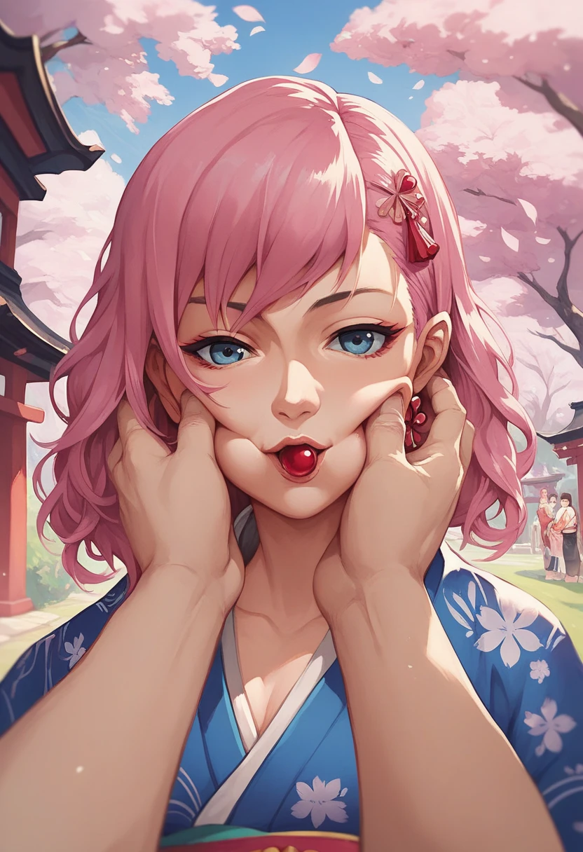 Wearing a short yukata smil invite kneeking bobhair pink there piercings Alone a park Curta seduces gyuru piercings Tying up hair Soio While sucking scrunchies in the mouth sitted eru Large ribbon Soio soio